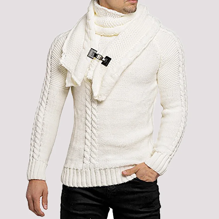 Men's Fashion Long Sleeve Detachable Scarf Knit Pullover Sweater