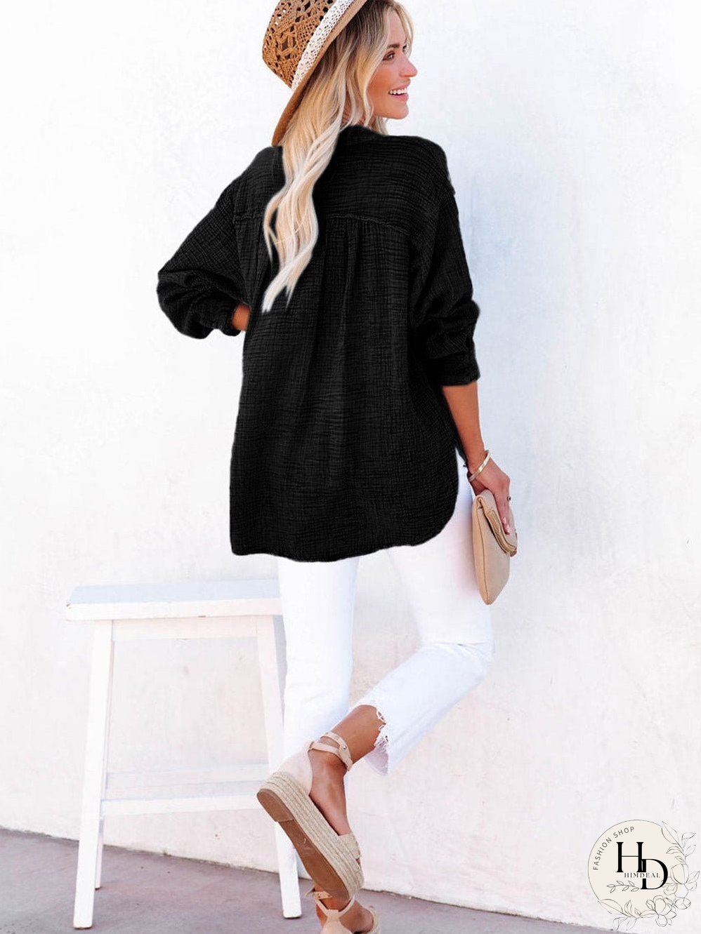 Crinkled Black Loose-fit V-Neck Henley Top