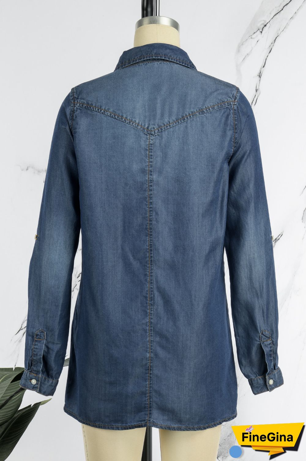 Blue Casual Solid Slit Turndown Collar Tops