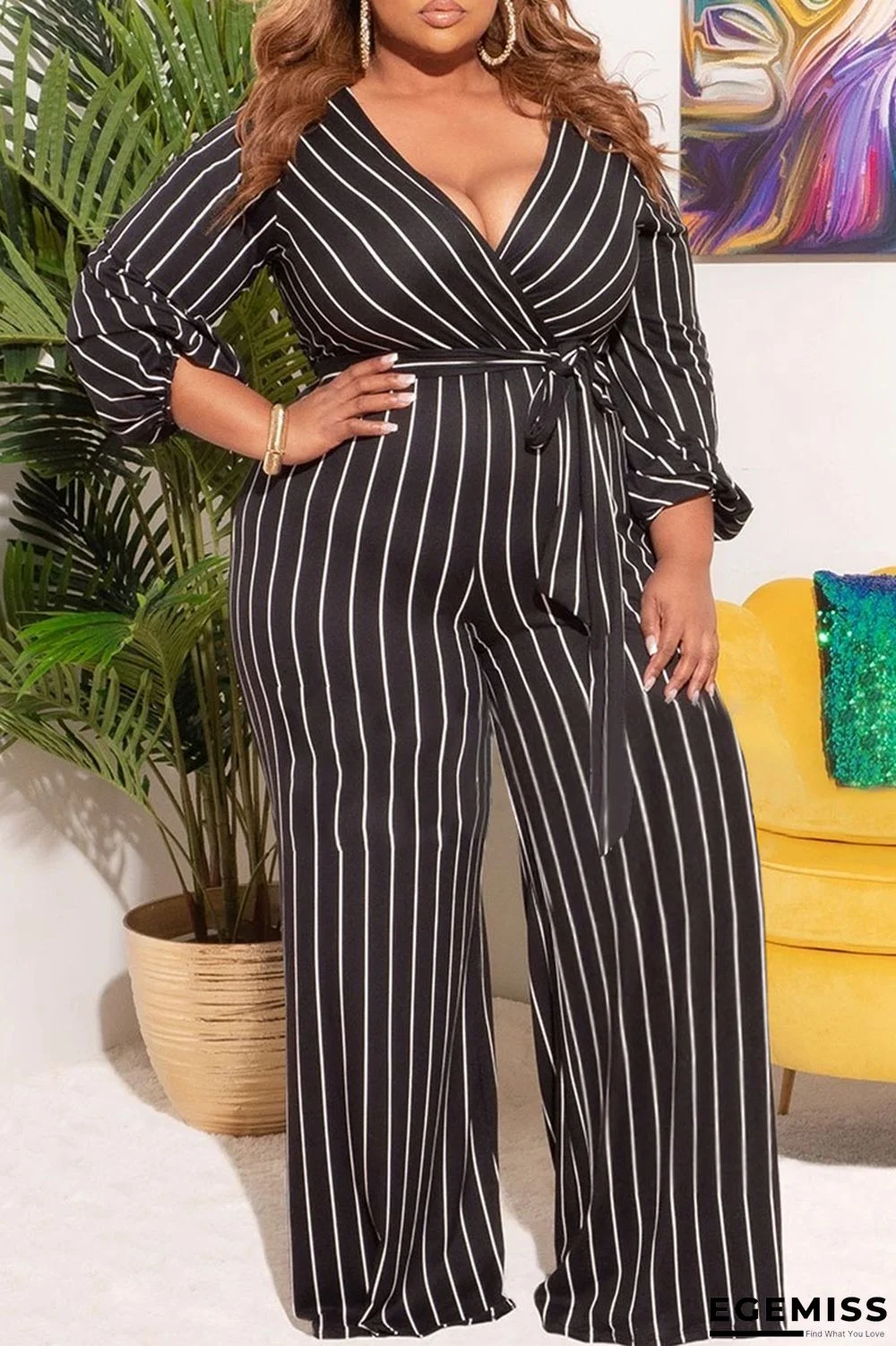 Black Casual Striped Print Bandage Patchwork V Neck Plus Size Jumpsuits | EGEMISS