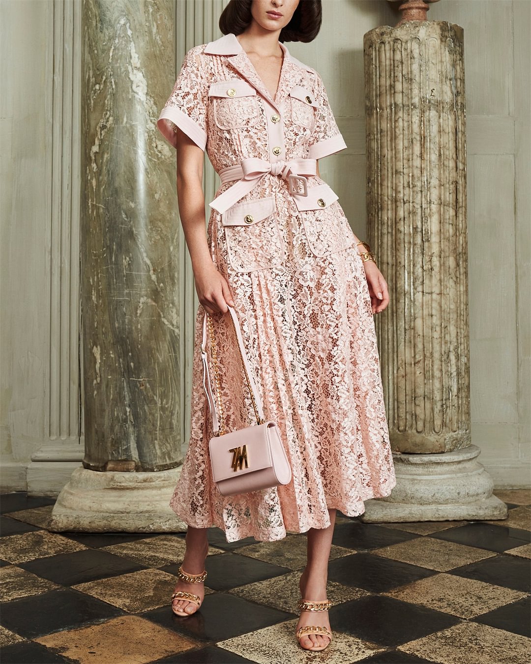 Women's Solid Color Lace Lapel Dress