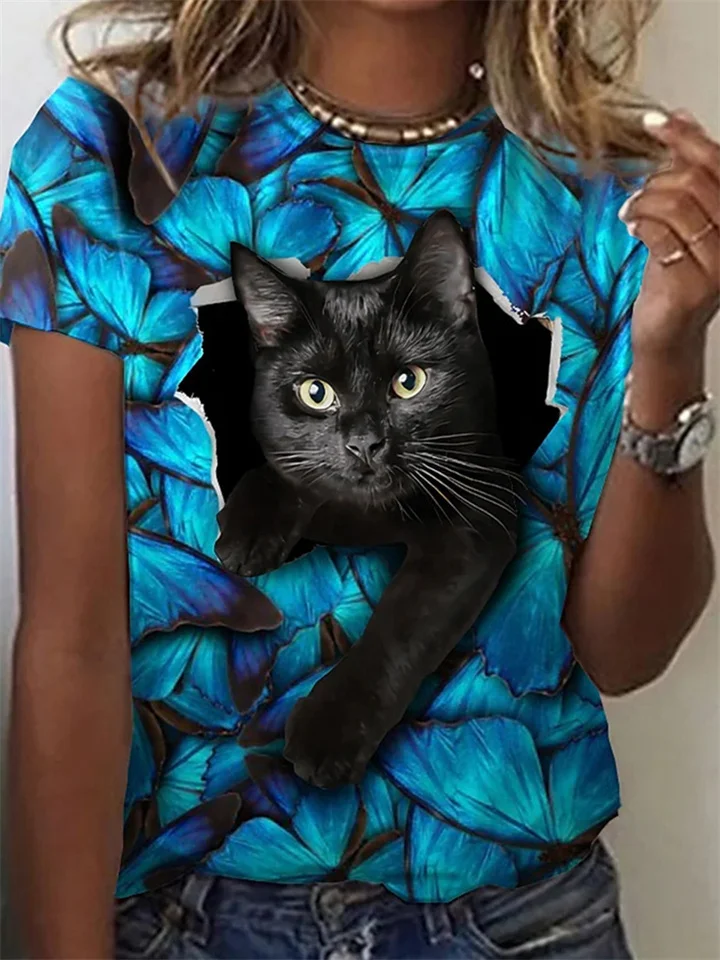 Women's Fashion Round Neck Tops Printed Short Sleeve Cat Pattern 3D Effect S M L XL 2XL 3XL 4XL 5XL-Cosfine