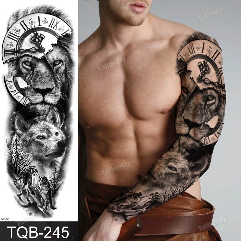 clock lion king fox forest temporary tattoos men sexy body art makeup tattoo sticker black waterproof custom totem maori tatoo