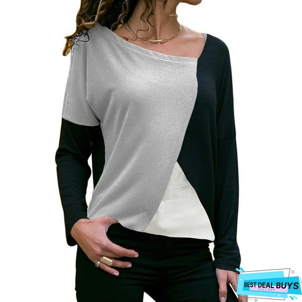 Women Long Sleeve T-Shirt Patchwork Color Block Shirt Pullover Cotton Casual Tops
