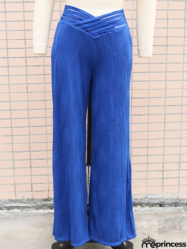 Loose Wide Leg Elasticity Hollow Pleated Solid Color Pants Trousers