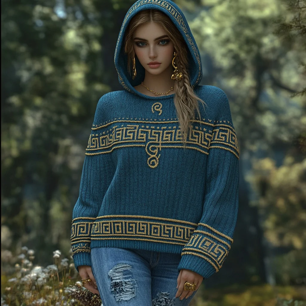Vintage Greek Key Cozy Knit Hooded Sweater