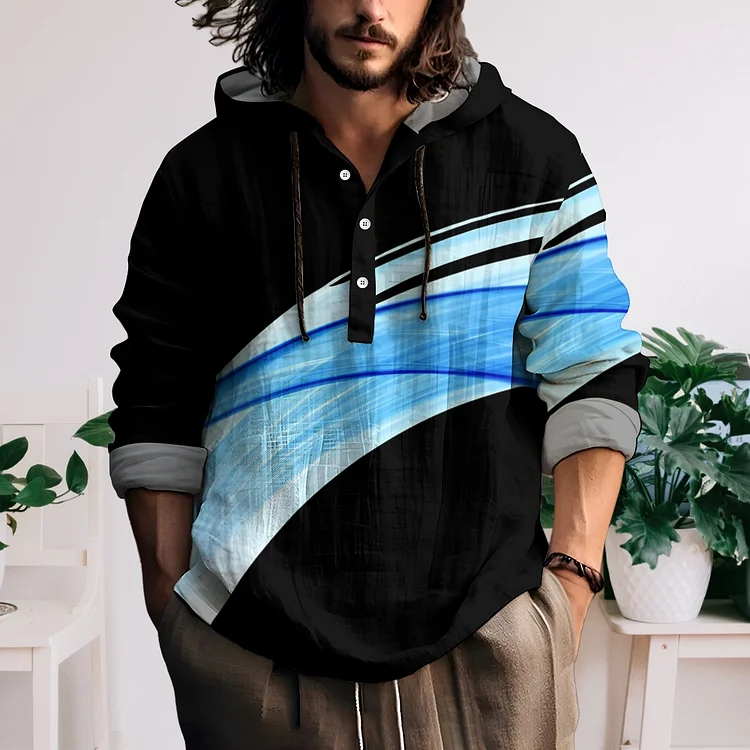 Men's Black Hooded Half Open  Made Of Linen Fabric Sweatershirt