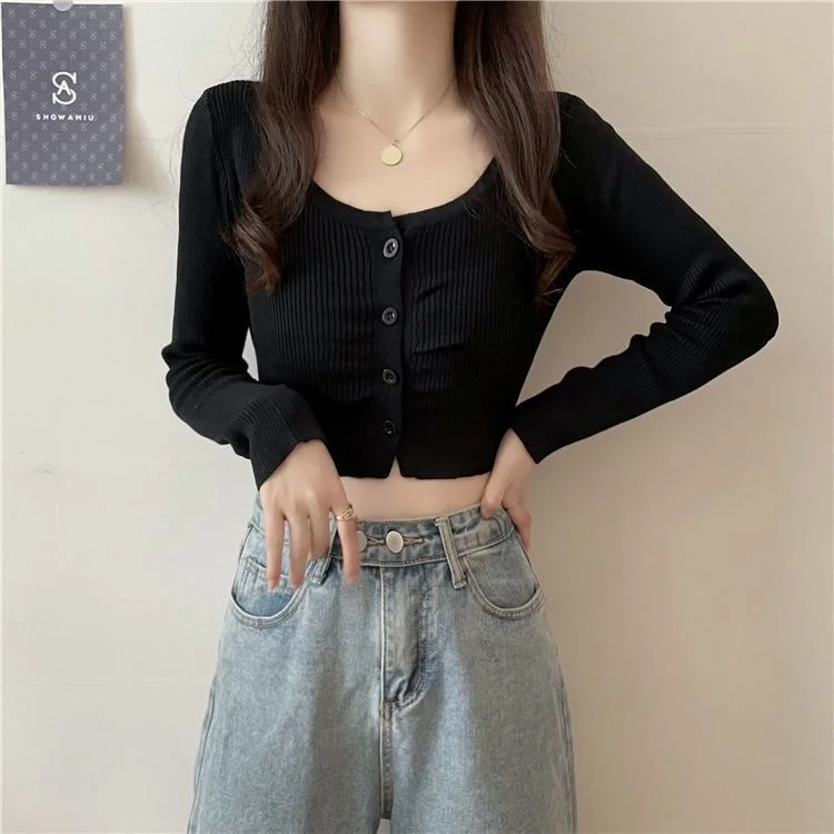 Uveng Uveng Hottie Long-Sleeved Knitted Cardigan Girl Spring Design Slim Short Umbilly Bottom Shirt Top