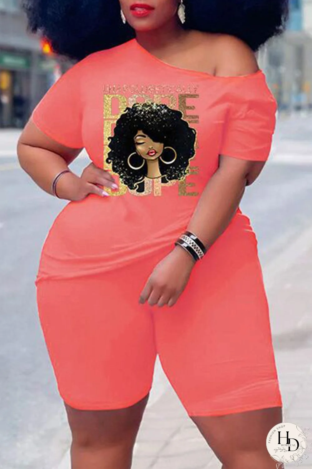 Rose Red Casual Print Basic Oblique Collar Short Sleeve Two Pieces