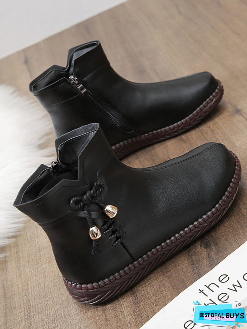 Women's Bow Faux Fur Lined Plain Boots with Zipper