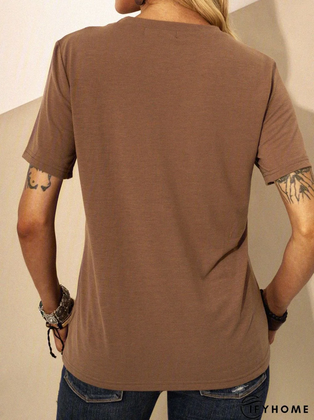 Brown Crew Neck Printed Short Sleeve Cotton T-shirt | IFYHOME