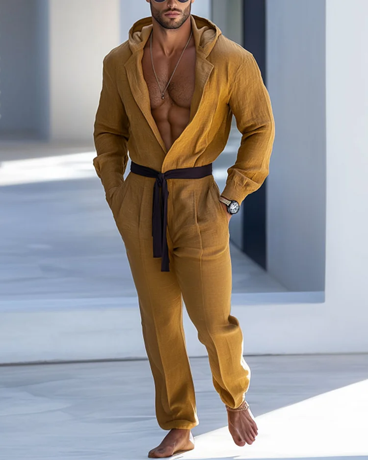 Men's Men's Casual Hooded Cotton and Linen Comfortable Long Sleeve Jumpsuit