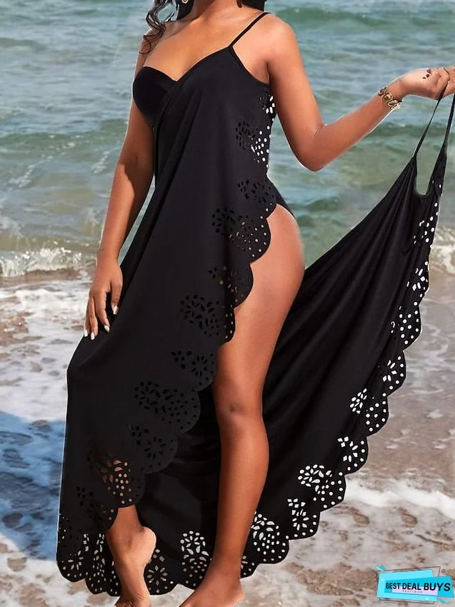 Cover Up Beach Dress Beach Wear Long Dress Maxi Dress Lace Split Casualy Plain Spaghetti Strap Sleeveless Loose Fit Daily Vacation Black Summer Spring S M L XL for Women