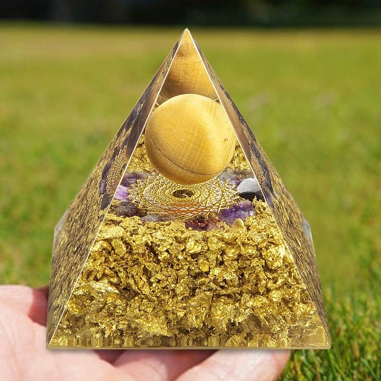 Tiger Eye Sphere With Amethyst Orgone Pyramid
