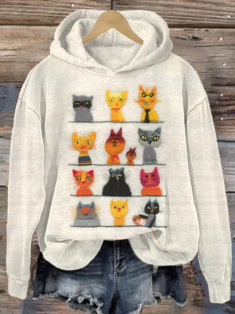Comstylish Cute Cat Art Print Cozy Hoodie