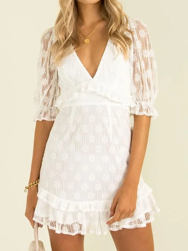 V neckline white lace fabric