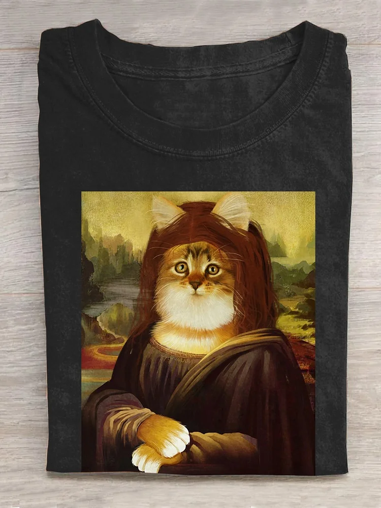 Famous Painting Series Cat Art Print Casual T-Shirt