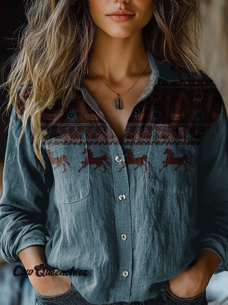 Women&rsquo;s Vintage Aztec Horse Art Print Casual Long Sleeve Comfortable Cotton Shirt Multicolor / S