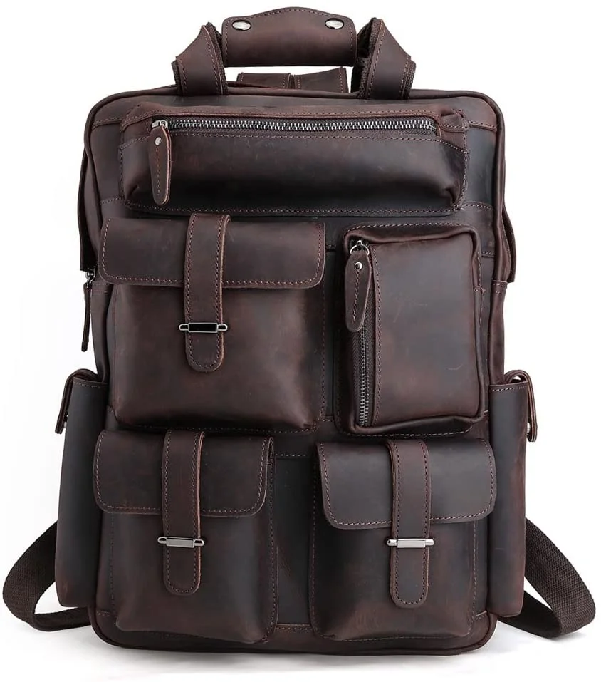 Vintage Genuine Leather Backpack 14 Inch Laptop Bag Multi Pockets School Travel Daypack