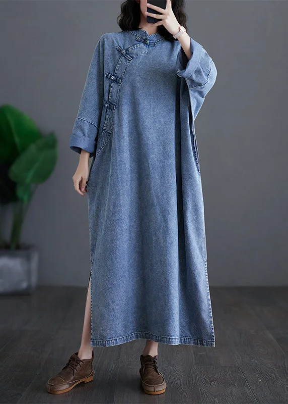 Plus Size Denim Blue Stand Collar Patchwork Button Side Open Maxi Dresses Spring
