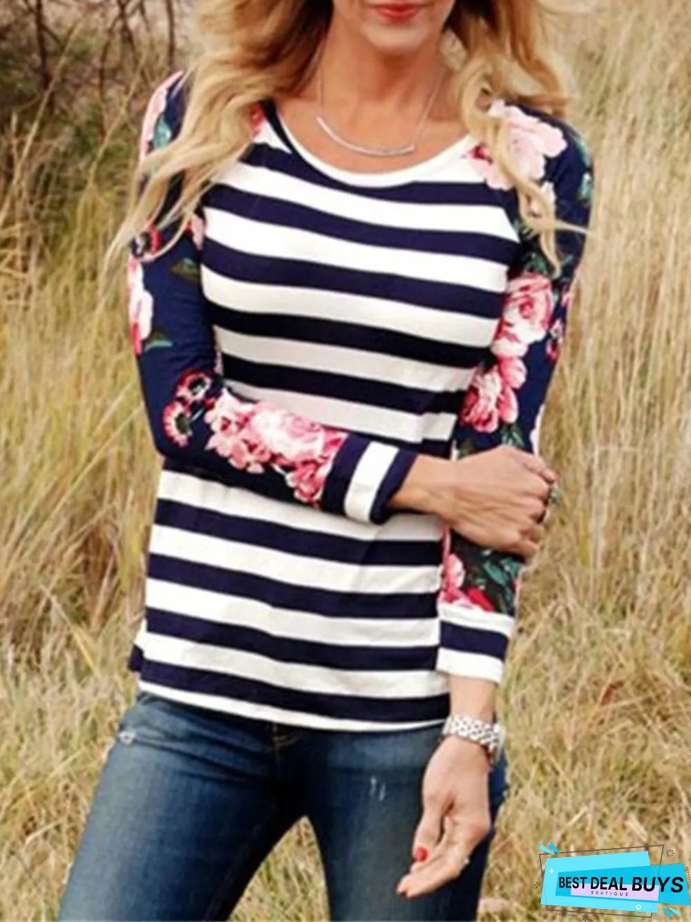 Casual Striped Floral Printed Long Sleeve Tunic Shirt