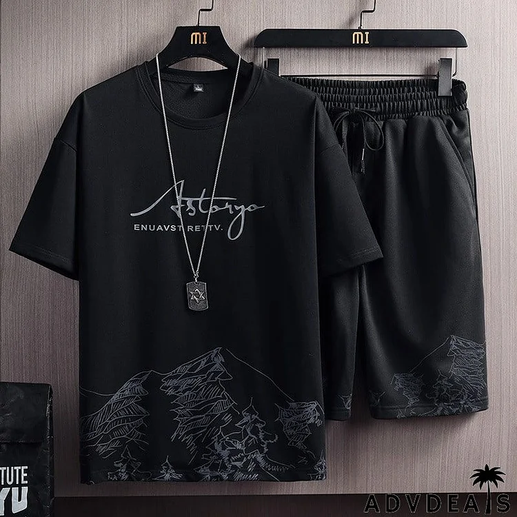 Men Casual Short Sleeve Round Neck Letter Landscape Printed T-shirt And Drawstring Waist Shorts Two-piece Set