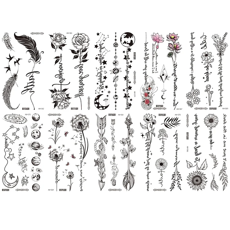 10 Sheets Black Butterfly Flower letter Temporary Tattoos