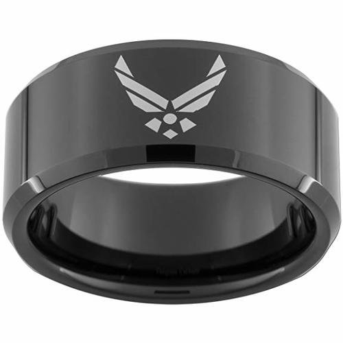 Women's Or Men's U.S. Air Force / USAF. Tungsten Carbide Wedding Band Rings,Military Wedding ring bands.Black Laser Etched United States Air Force Logo Ring With Mens And Womens For Width 4MM 6MM 8MM 10MM