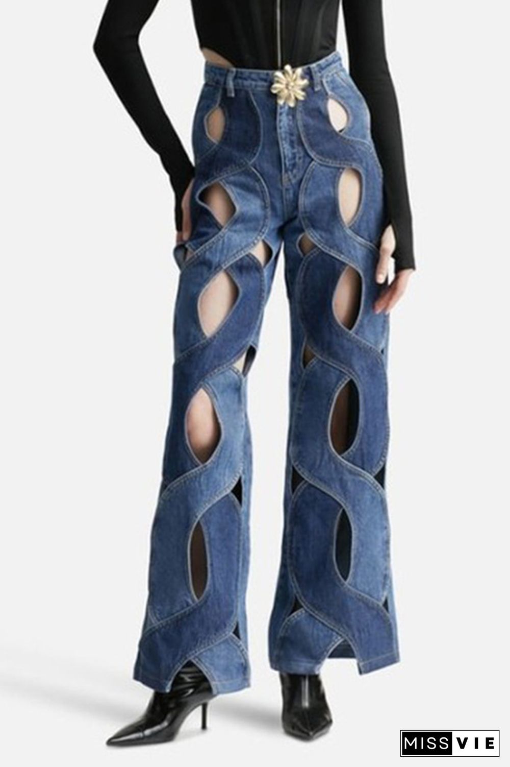 Street Solid Hollowed Out High Waist Straight Denim Jeans