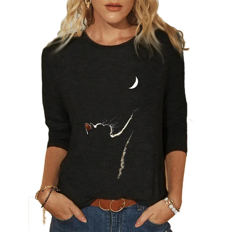 Brownm Knitted Leisure Long-sleeved Animal Print Round Neck Casual T-shirt