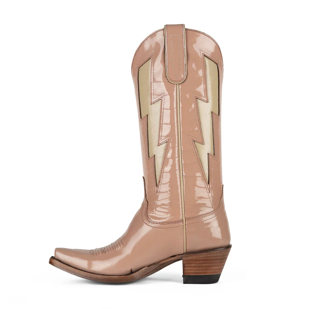 Nude Patent Leather Snip Toe Lightning Inlay Cowgirl Boots for Women