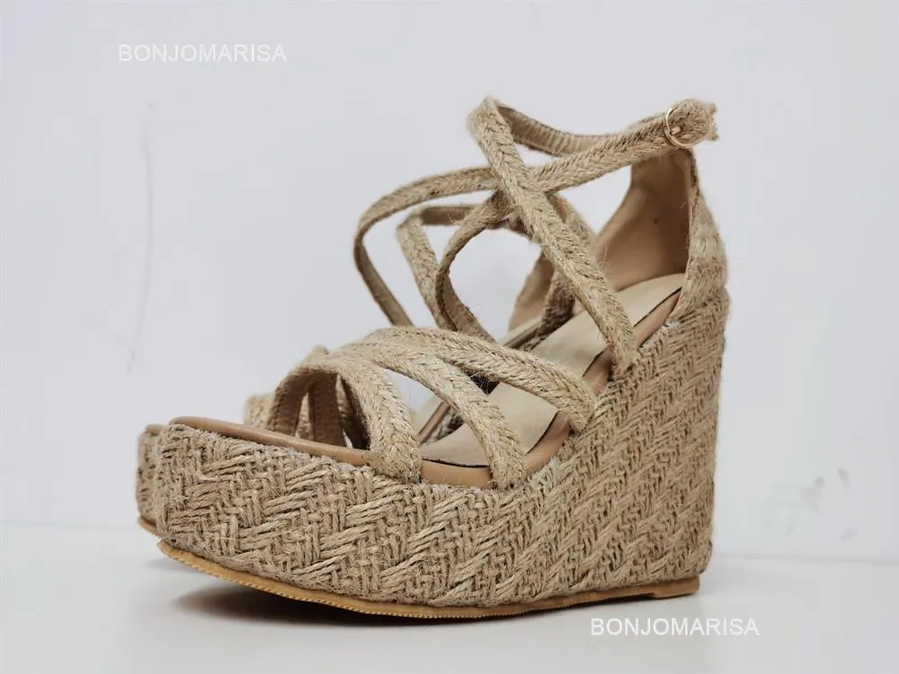 yyvonne High Heel Sandals For Women Cross Strap Fashion Platform Sandals Shoes Summer Narrow Band High Heeled Straw Espadrille