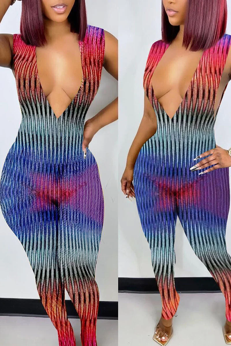 Sexy Print Split Joint V Neck Regular Jumpsuits