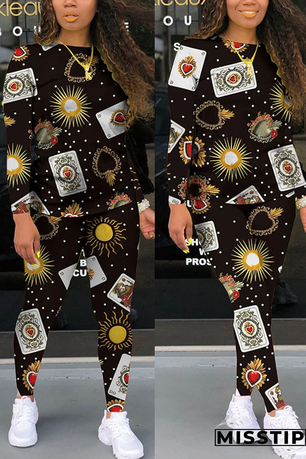 Black Fashion Casual Long Sleeve O Neck Regular Sleeve Regular Print Two Pieces