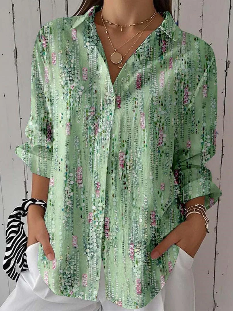 Women 3/4 Sleeve Shirt Collar Polka Dot Printed Graphic Button Tops