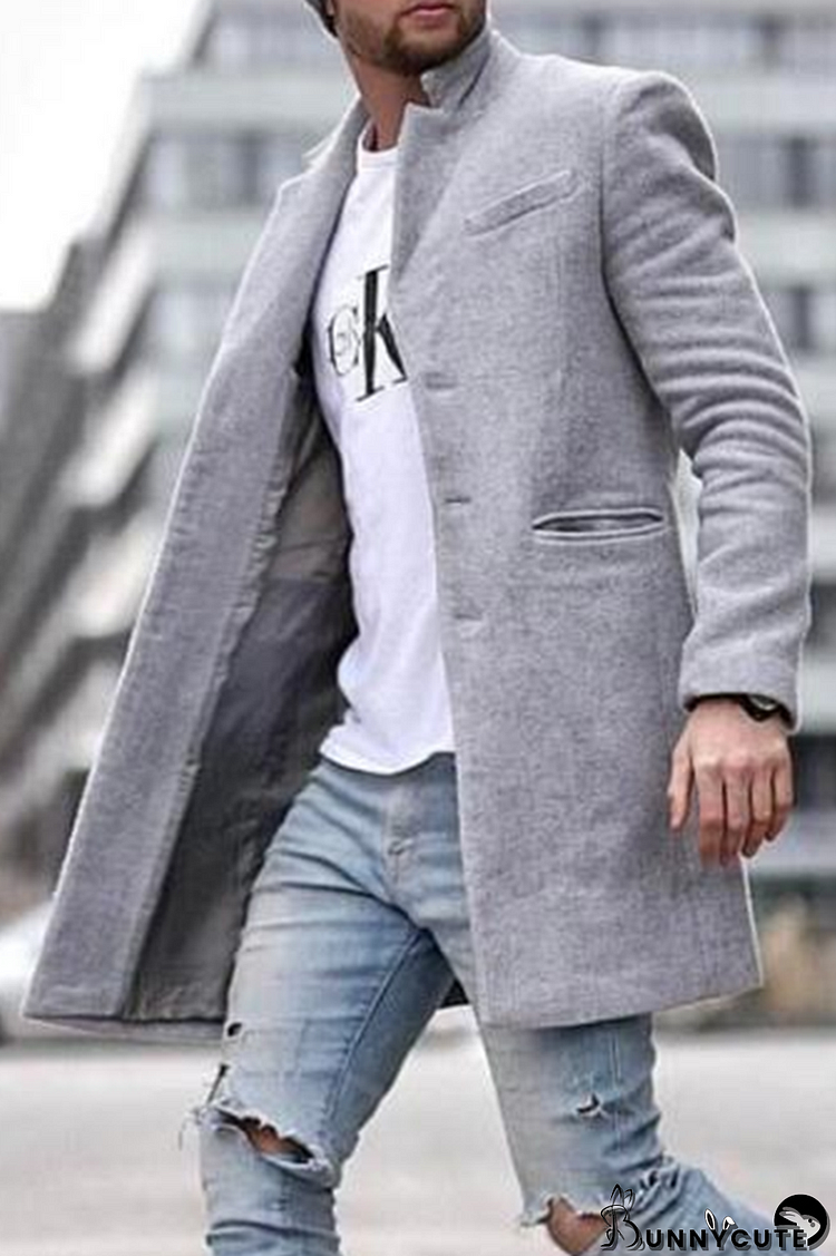 Light Gray Fashion Solid Pocket Buckle Turndown Collar Outerwear