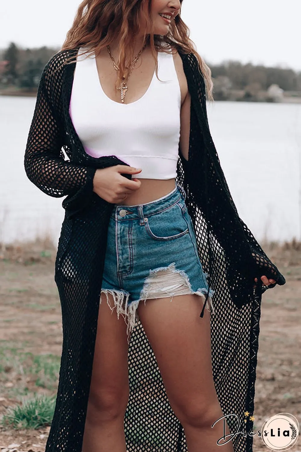 Knitted Pierced Solid Color Beach Coat