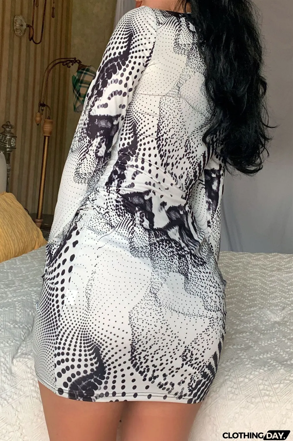 Black Fashion Sexy Print Hollowed Out O Neck Long Sleeve Dresses