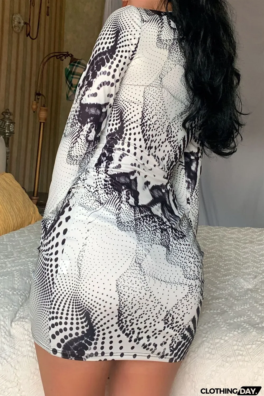 Black Fashion Sexy Print Hollowed Out O Neck Long Sleeve Dresses