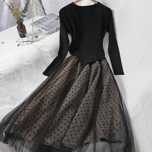 Fitaylor 2021 New Autumn Women Knitted Tulle Patchwork Dresses Elegant Long Sleeve Polka Dot A Line Black Ladies Dresses
