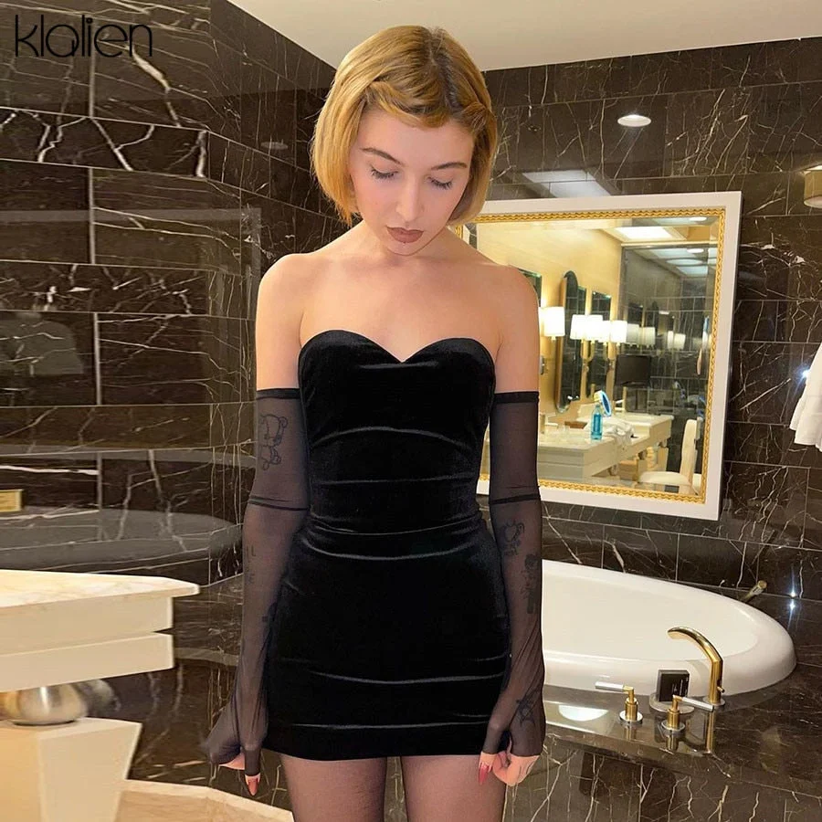 KLALIEN Fashion Sexy Party Beach Birthday Black Strapless Dress Women New Simple Slim Removable Mesh sleeves Female Dress