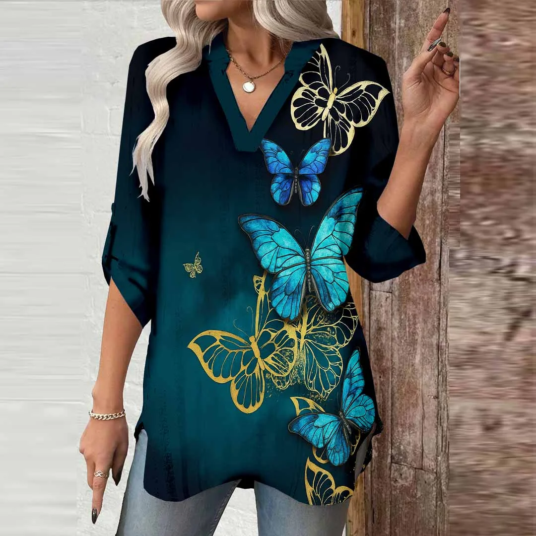 Women Butterfly, Blue, Gold DZGA0709 3/4 Sleeve V-neck Printed Graphic Button Tops