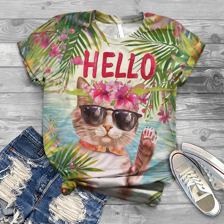 Summer Vacation Floral Cat Print Short-sleeved T-shirt