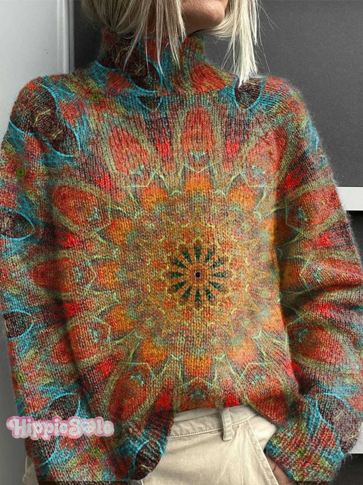 Retro Ethnic Totem Pattern Love And Peace Art Print Knit Turtleneck Pullover Sweater Multicolor / S