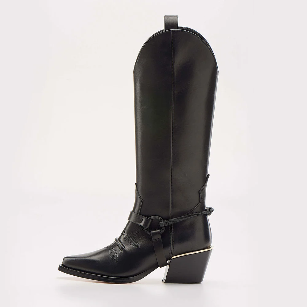 Black Faux Leather Pointed Toe Chunky Heel Stitching Knee High Boots