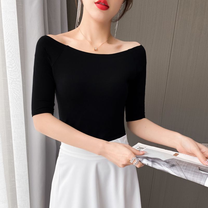 Studieteknik fall outfits y2k High-end Feel French Modal Off-the-shoulder T-shirt For Women Slimming Base Layer Top Niche Design Black Color  Tops