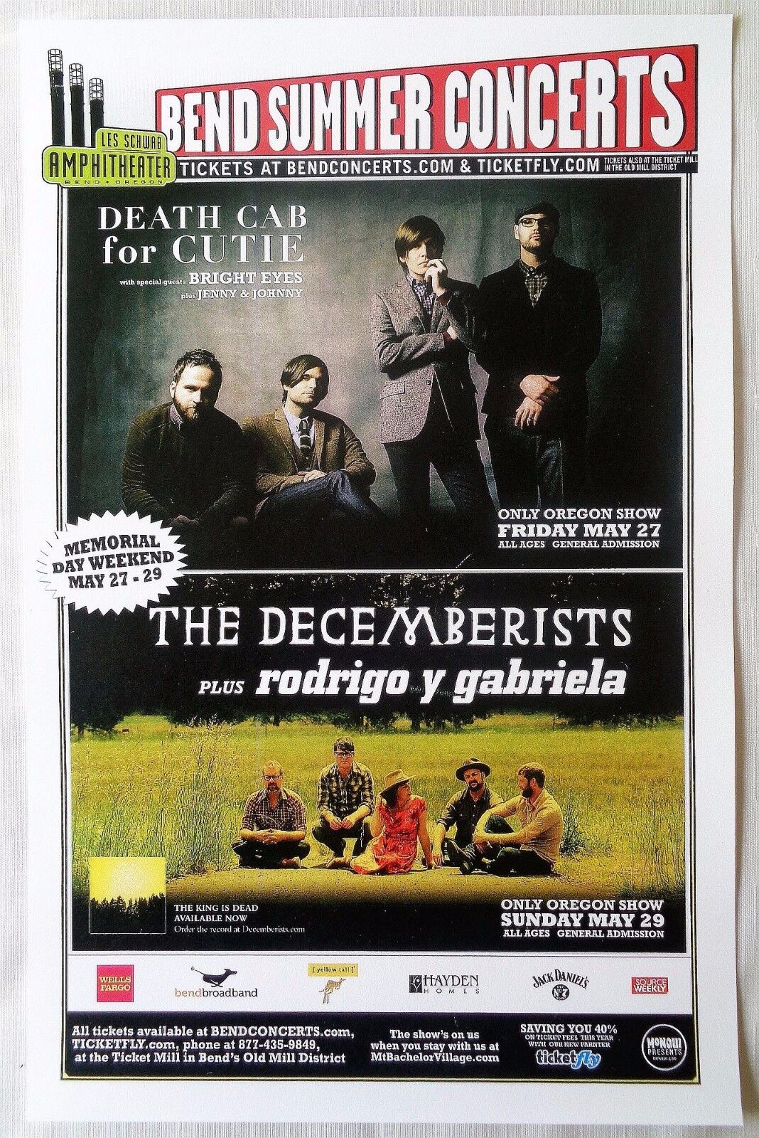 DECEMBERISTS / DEATH CAB FOR CUTIE 2011 Gig POSTER Concert Bend Oregon