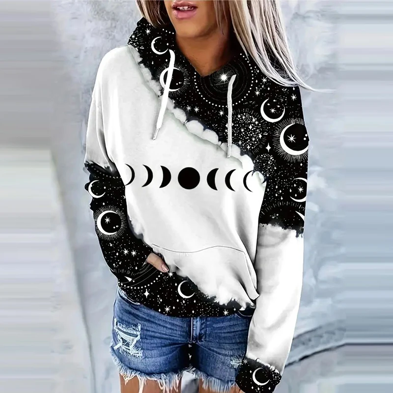 Spinkrin first day of school Moon Print Drawstring Hoodie Casual Long Sleeve Hooded Sweatshirt Women's Clothing Hoodies