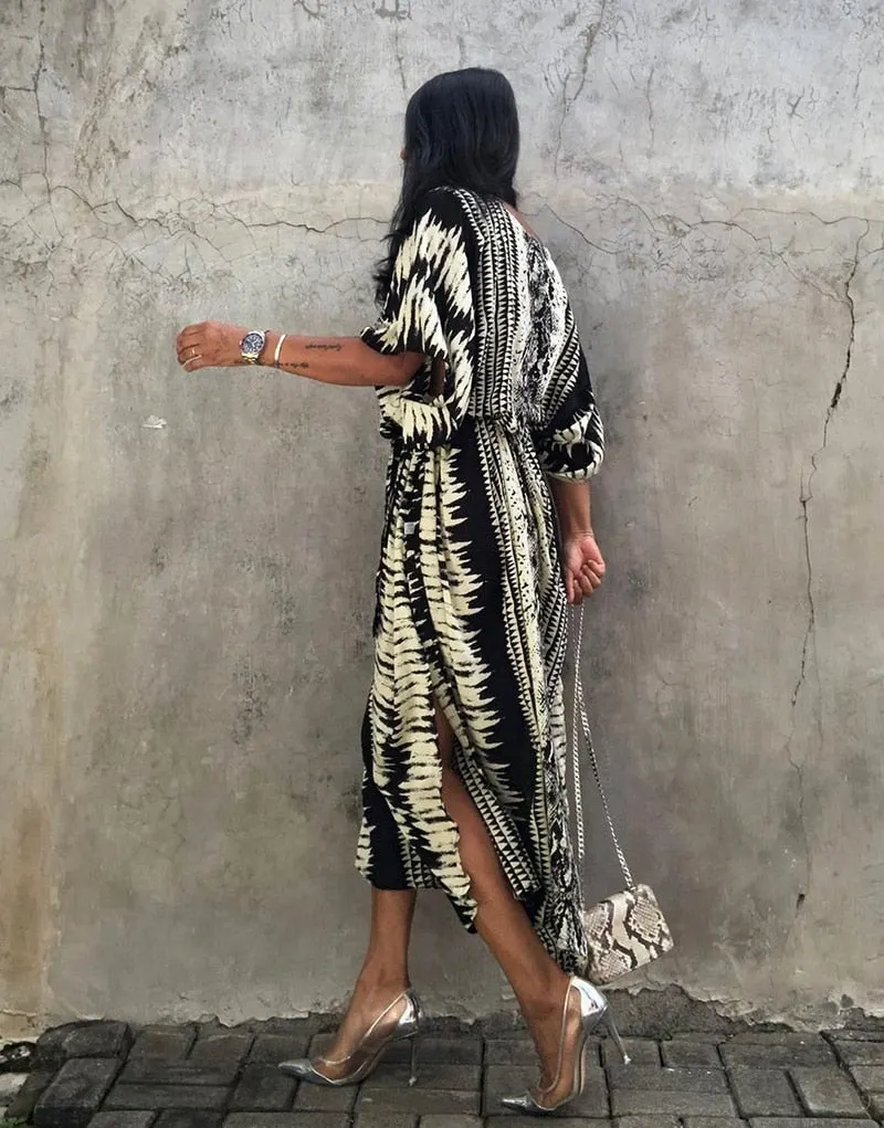 Fitshinling Bohemian Vintage Oversized Dress Women High Split Sexy Maxi Dresses Beach Cover Up Sashes Holiday Serpentine Kaftan