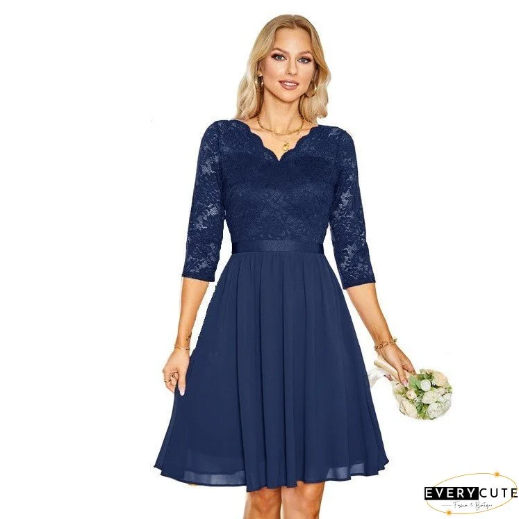 Mid-length Dress with Lace and Chiffon